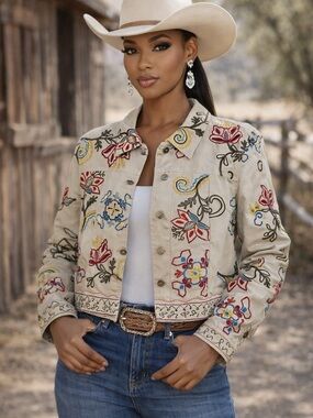 Susan Bristol Floral Embroidered Denim Jacket Women’s L Whimsical Cowgirl